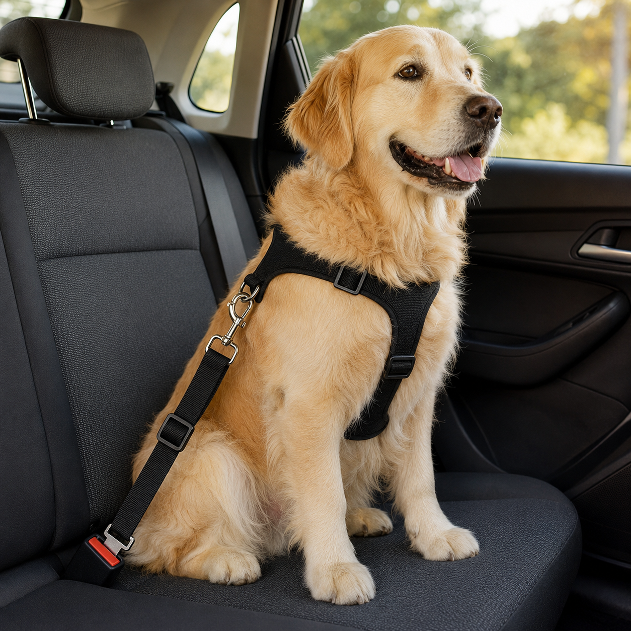 PawCare honden autogordel in zwart bevestigd aan een hondentuig en autogordelsluiting