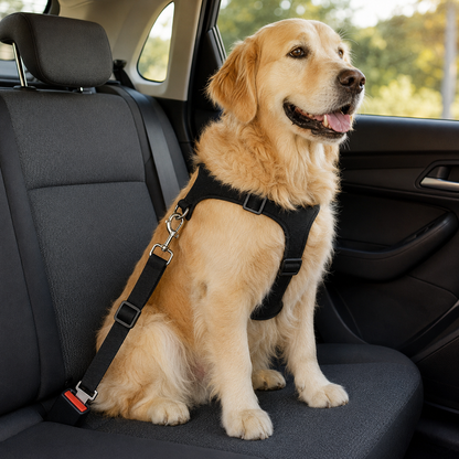 PawCare honden autogordel in zwart bevestigd aan een hondentuig en autogordelsluiting
